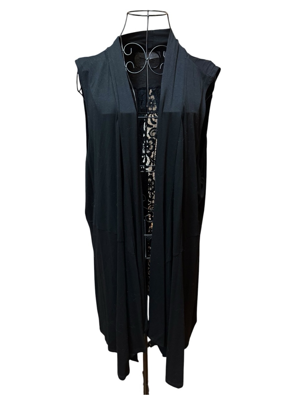 NWT Evolution Sleeveless Black Long Open-Front Cardigan Vest lace back 3X